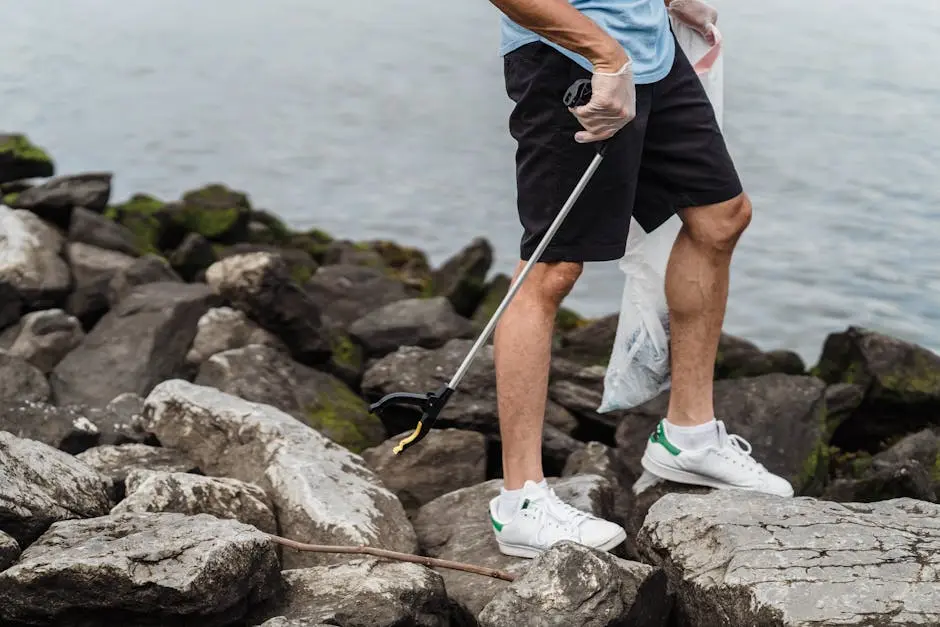 Adult man picking up trash on rocky coastline with grabber tool for environmental conservation.