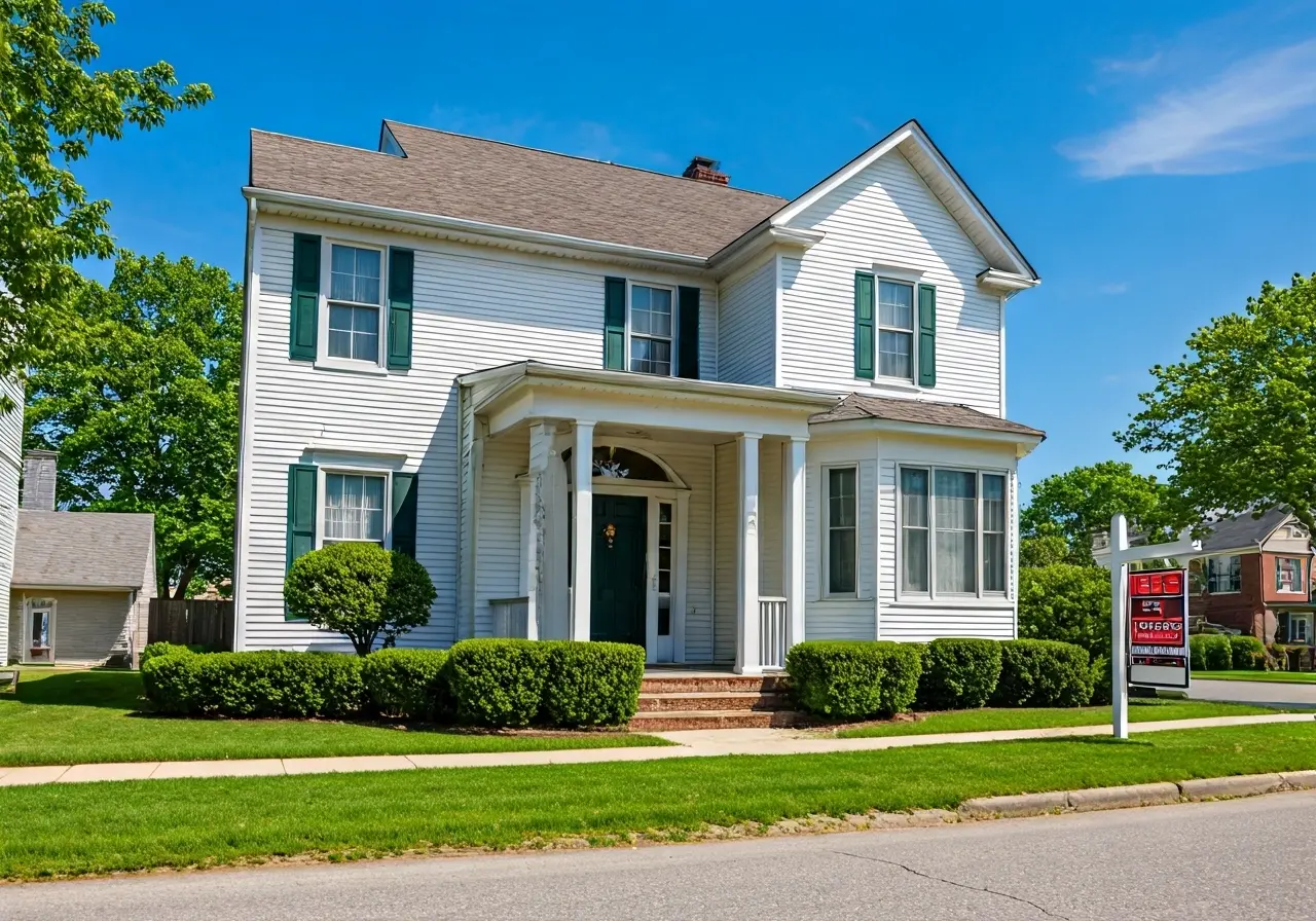 A charming Maryland home with a For Sale sign. 35mm stock photo