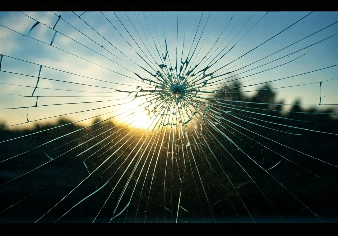 A cracked windshield with sunlight shining through the fractures. 35mm stock photo