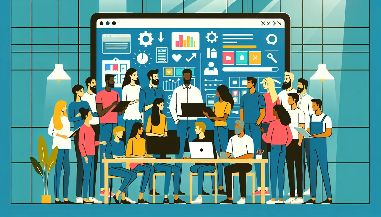 Draw a graphic in flat design style. A sleek Flat Design illustration of a modern office workspace featuring diverse team members collaborating around a large touchscreen displaying app development tools and icons.