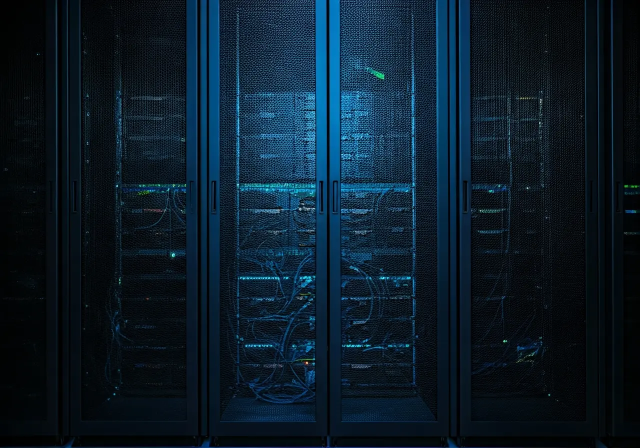 A high-tech server room filled with glowing network equipment. 35mm stock photo
