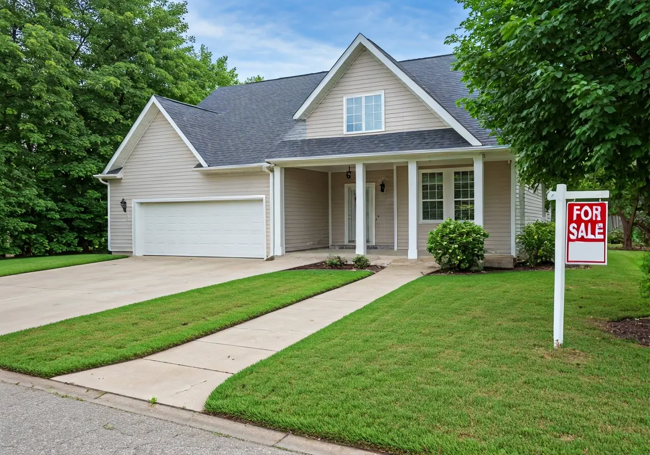 A spacious, empty house with a For Sale sign outside. 35mm stock photo