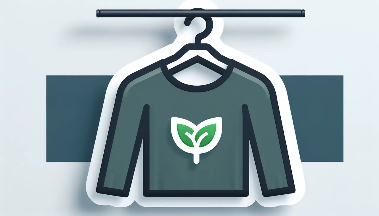 Draw a graphic in flat design style. A minimalist illustration of a stylish, eco-friendly top hanging on a clothes rack, with a small green leaf icon subtly indicating its sustainable nature.