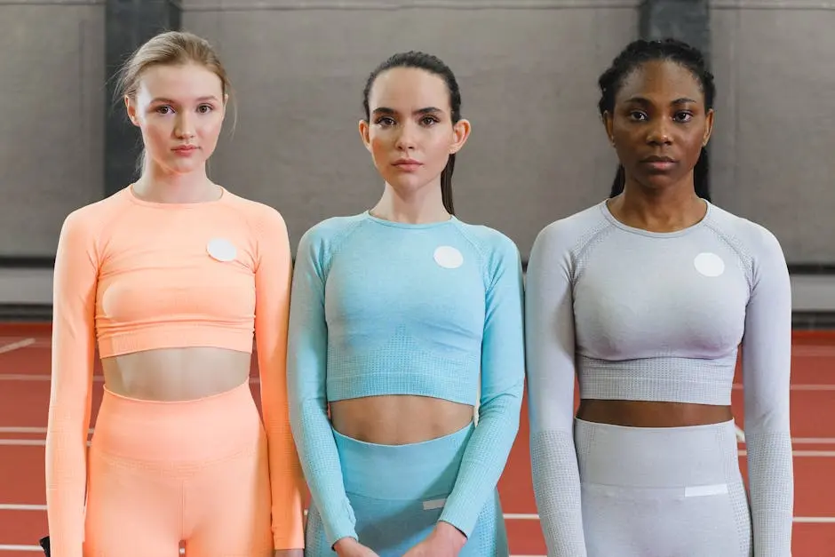 Three women posing confidently in vibrant activewear indoors on a track.
