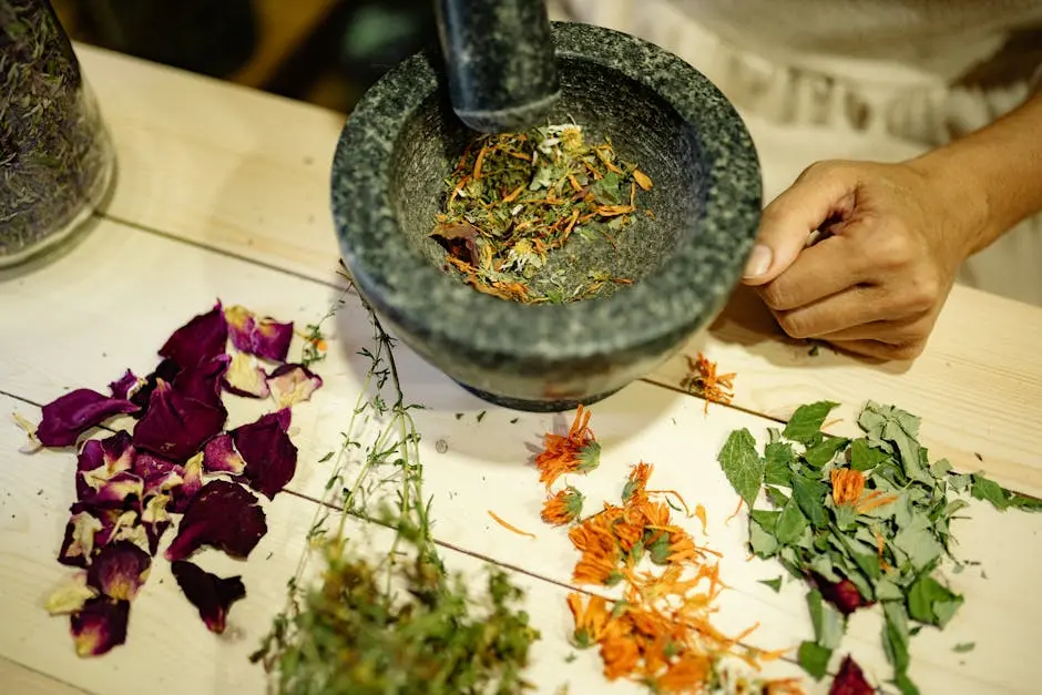 A detailed view of herbs and flower petals being ground in mortar and pestle on wooden table.