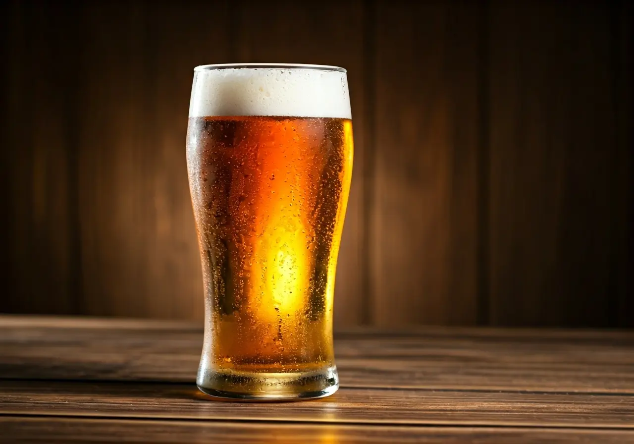 A frosty glass of non-alcoholic beer on a wooden table. 35mm stock photo