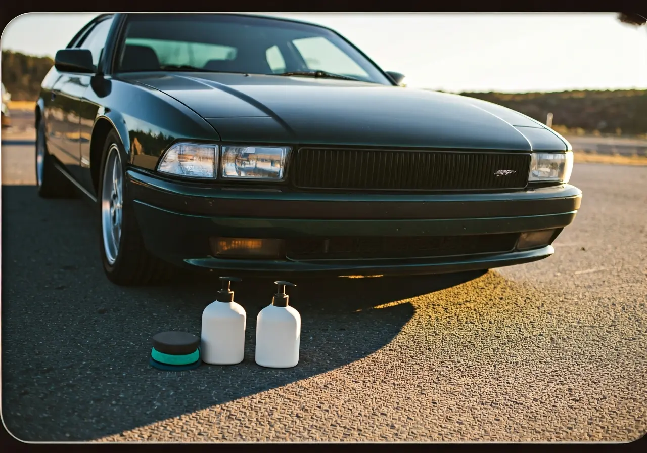 A shiny car reflecting sunlight with ceramic polish bottles nearby. 35mm stock photo