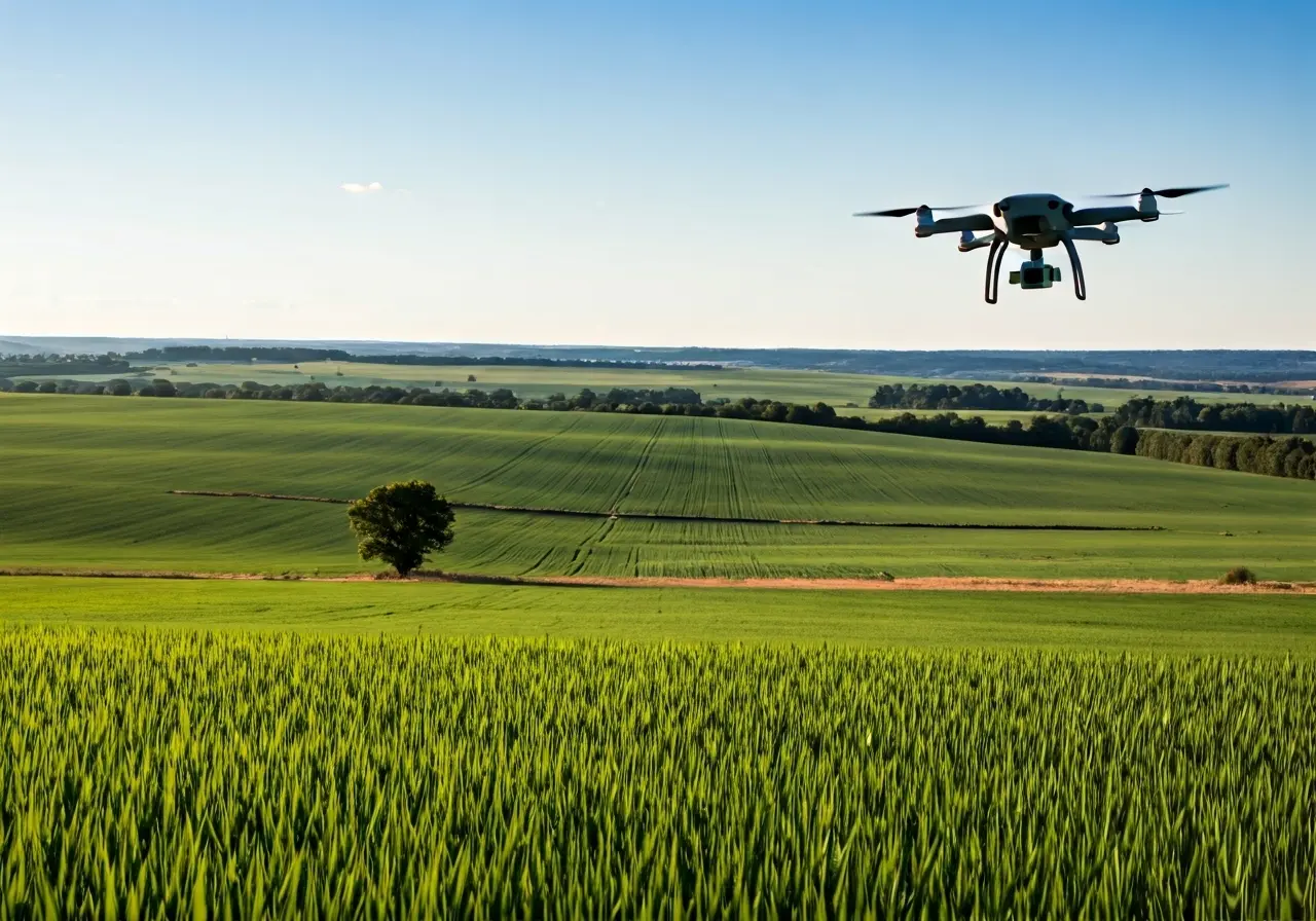 A drone flying over a vast, green agricultural field. 35mm stock photo