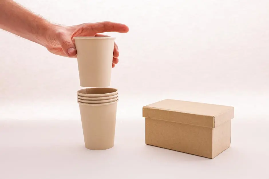 Close-up of a hand holding eco-friendly paper cups beside a cardboard box on white background.
