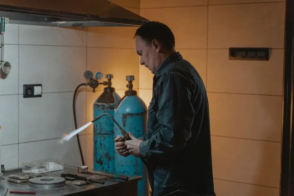 A skilled technician works with a welding torch in an industrial setting, highlighting craftsmanship.