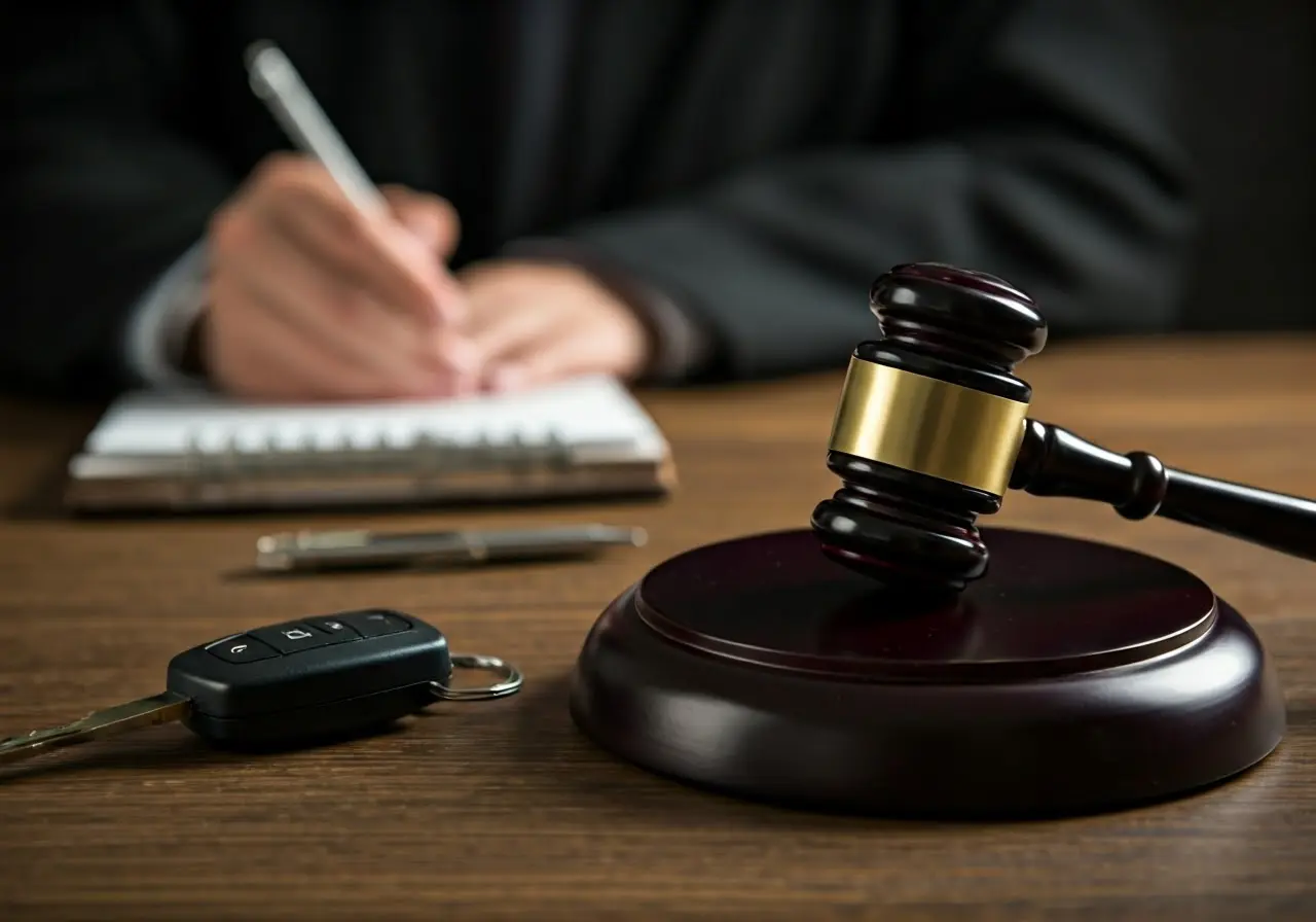 A judge’s gavel beside a car key on a table. 35mm stock photo