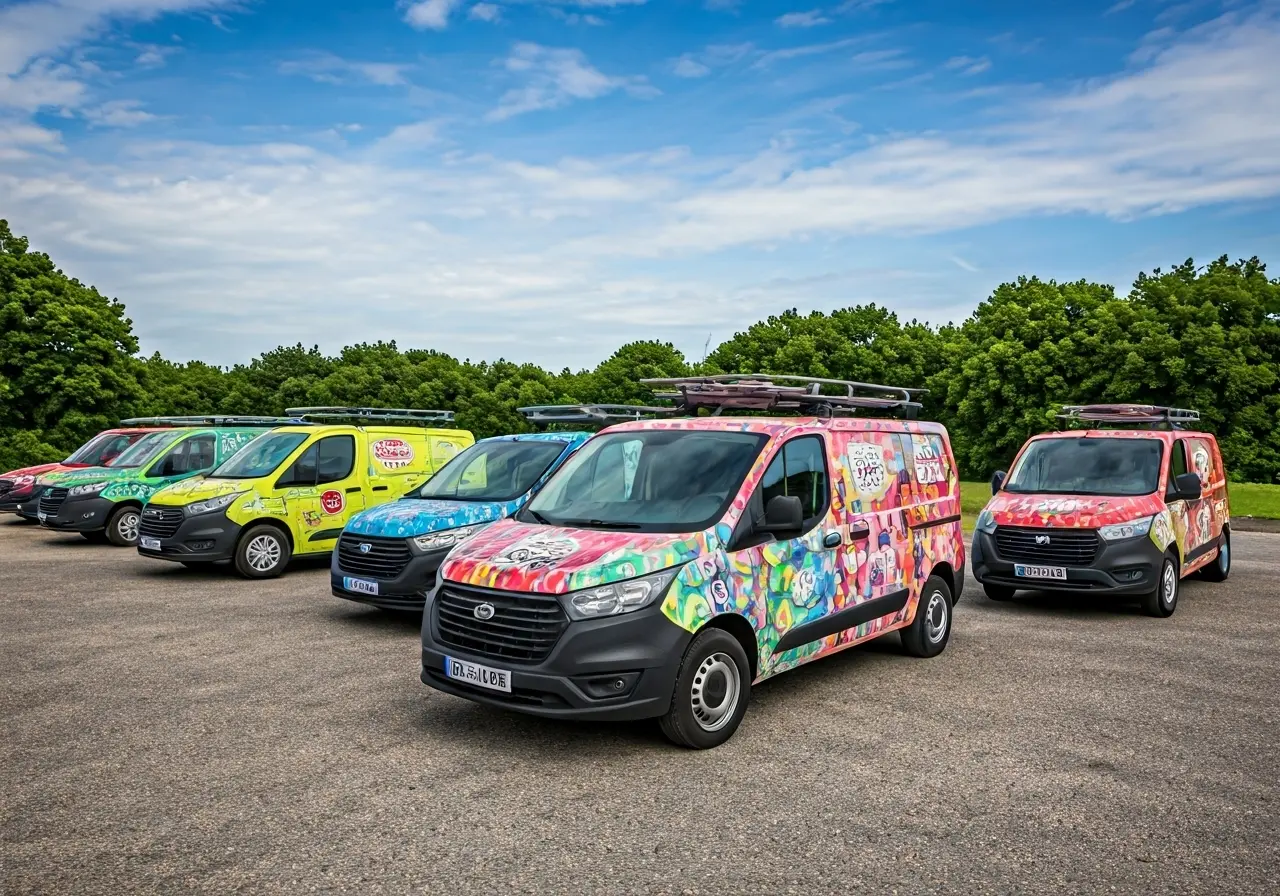 A fleet of colorful business vehicles with branded wraps. 35mm stock photo