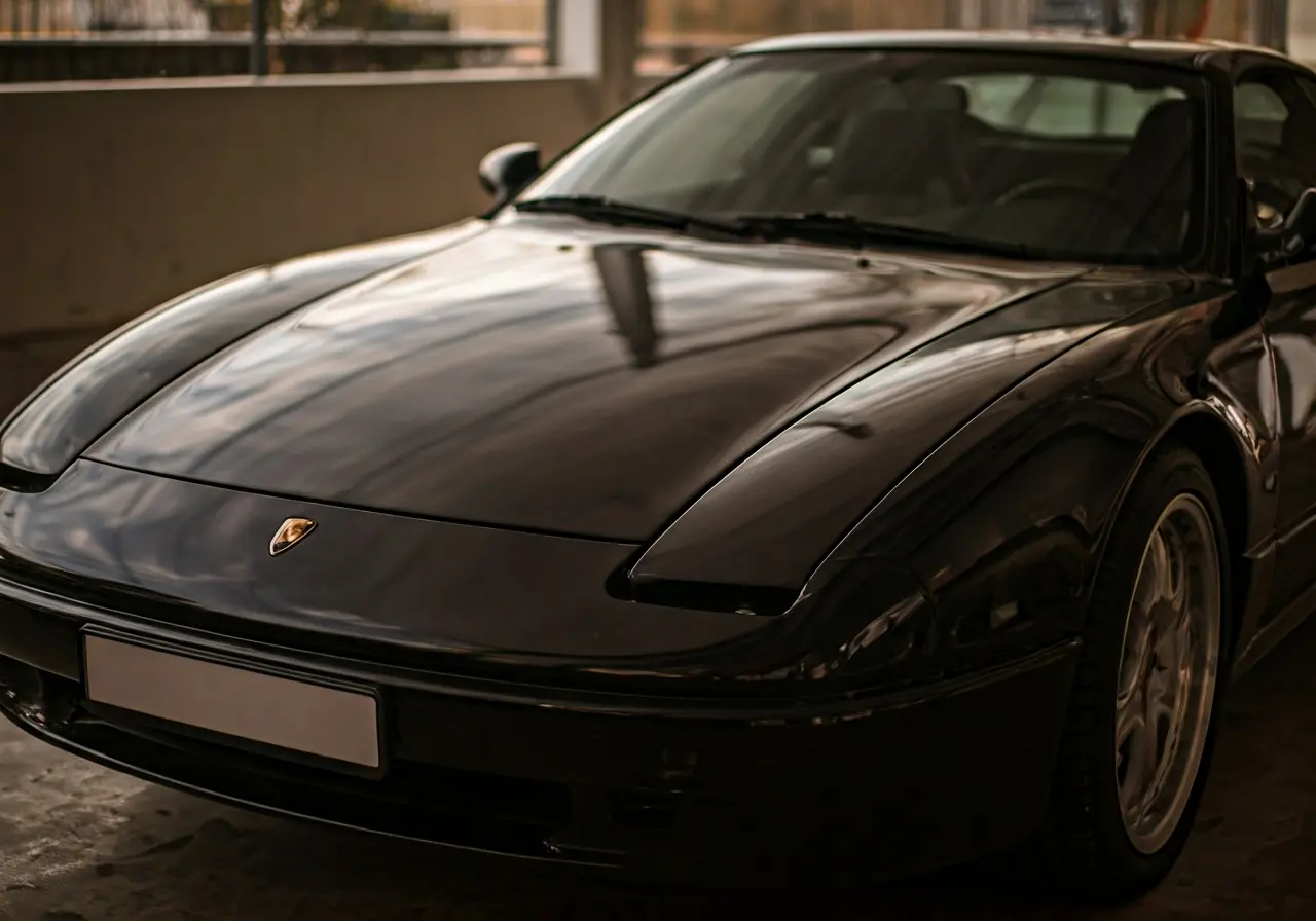 Shiny car reflecting surroundings, highlighting freshly applied car wax. 35mm stock photo