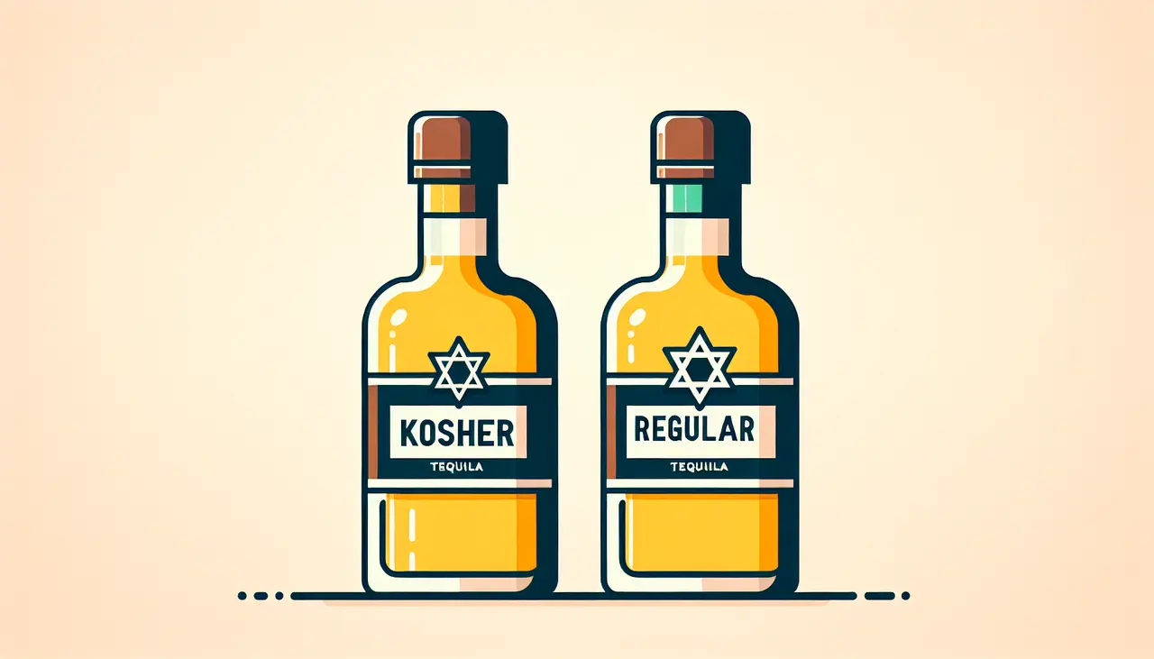 Draw a graphic in flat design style. A minimalist flat design illustration of two tequila bottles side by side, one labeled Kosher with a Star of David symbol and the other labeled Regular, against a plain background.