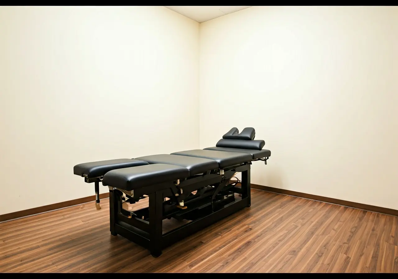 A serene room featuring a chiropractic spinal decompression table. 35mm stock photo