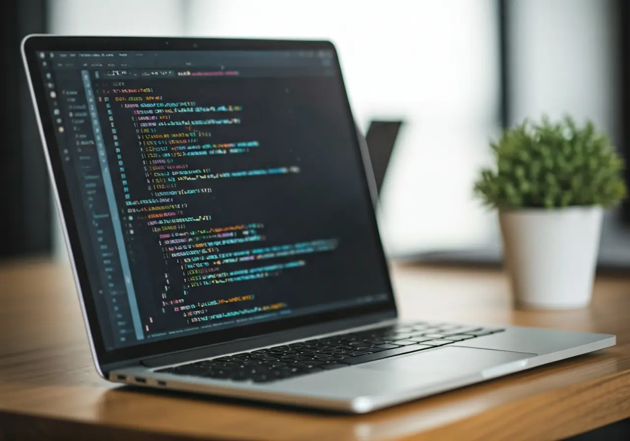 A laptop with code on the screen in a bright workspace. 35mm stock photo