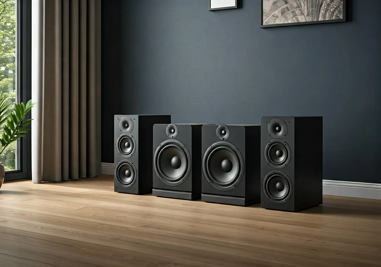 Sleek wireless speakers enhance a modern living room setup. 35mm stock photo