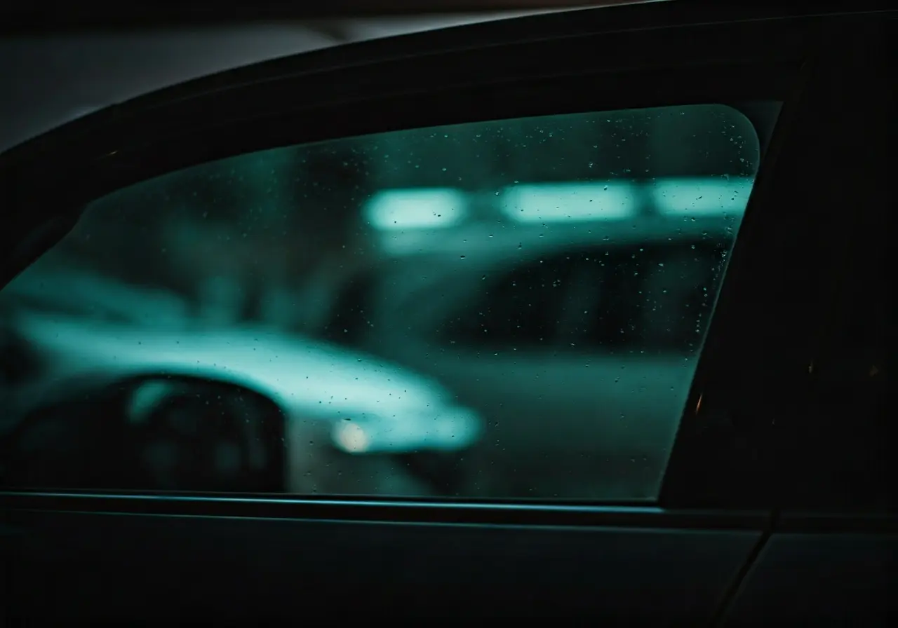 A close-up of a freshly tinted car window. 35mm stock photo
