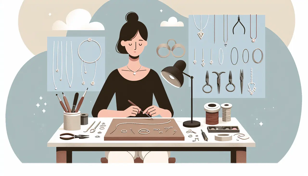 Draw a graphic in flat design style. A clean flat design illustration of a jeweler carefully crafting a necklace at a workbench, surrounded by simple tools like pliers and wire, under a soft light.