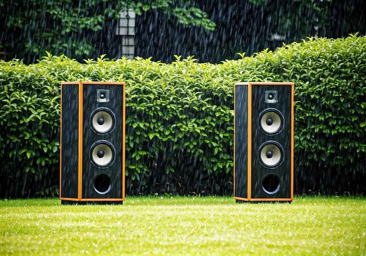 Outdoor speakers in a garden during a light rain shower. 35mm stock photo