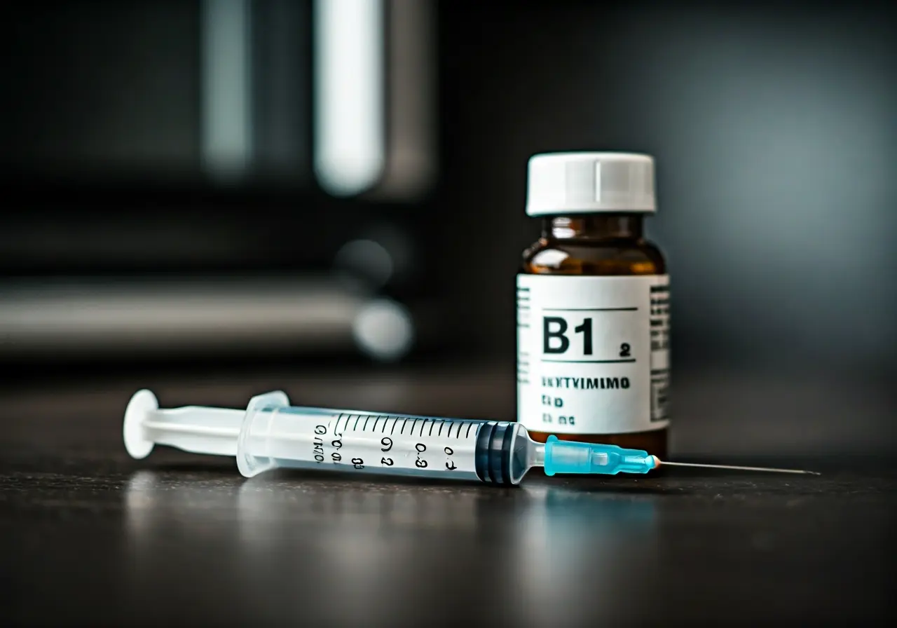 A syringe and a B12 vitamin bottle on a countertop. 35mm stock photo