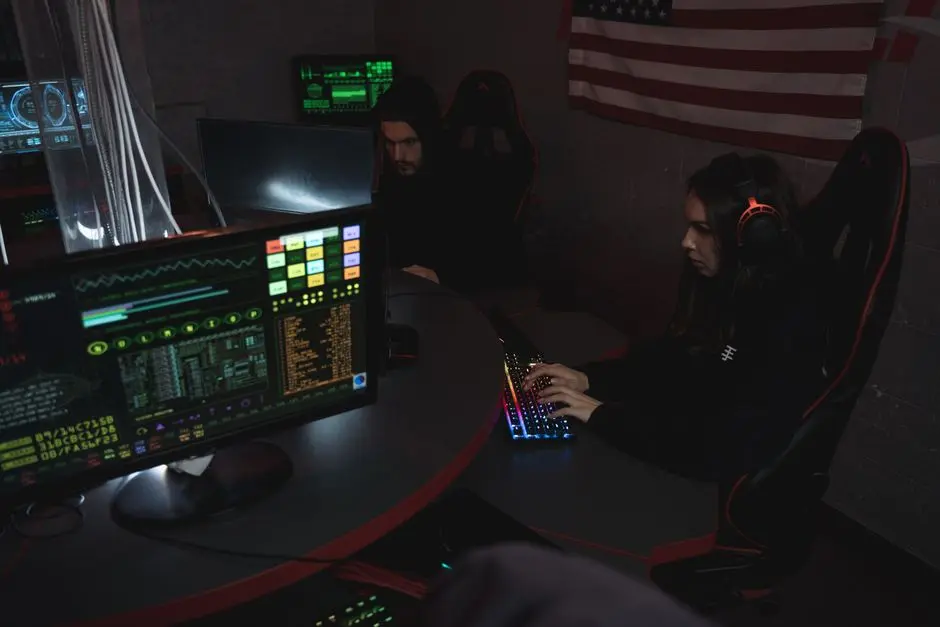 Cybersecurity professionals working on computer systems, focusing on data protection in a dimly lit room.