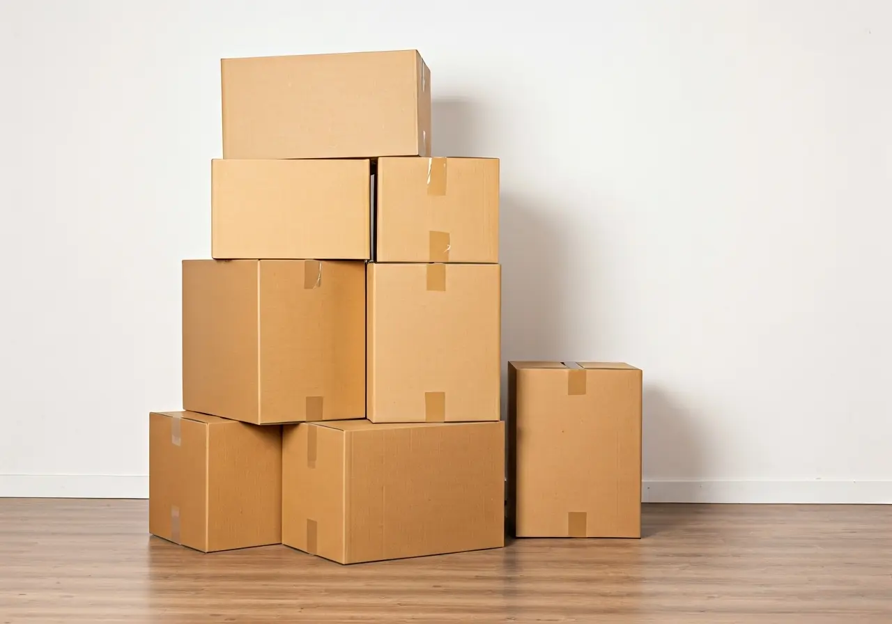 Stack of cardboard moving boxes in an empty room. 35mm stock photo