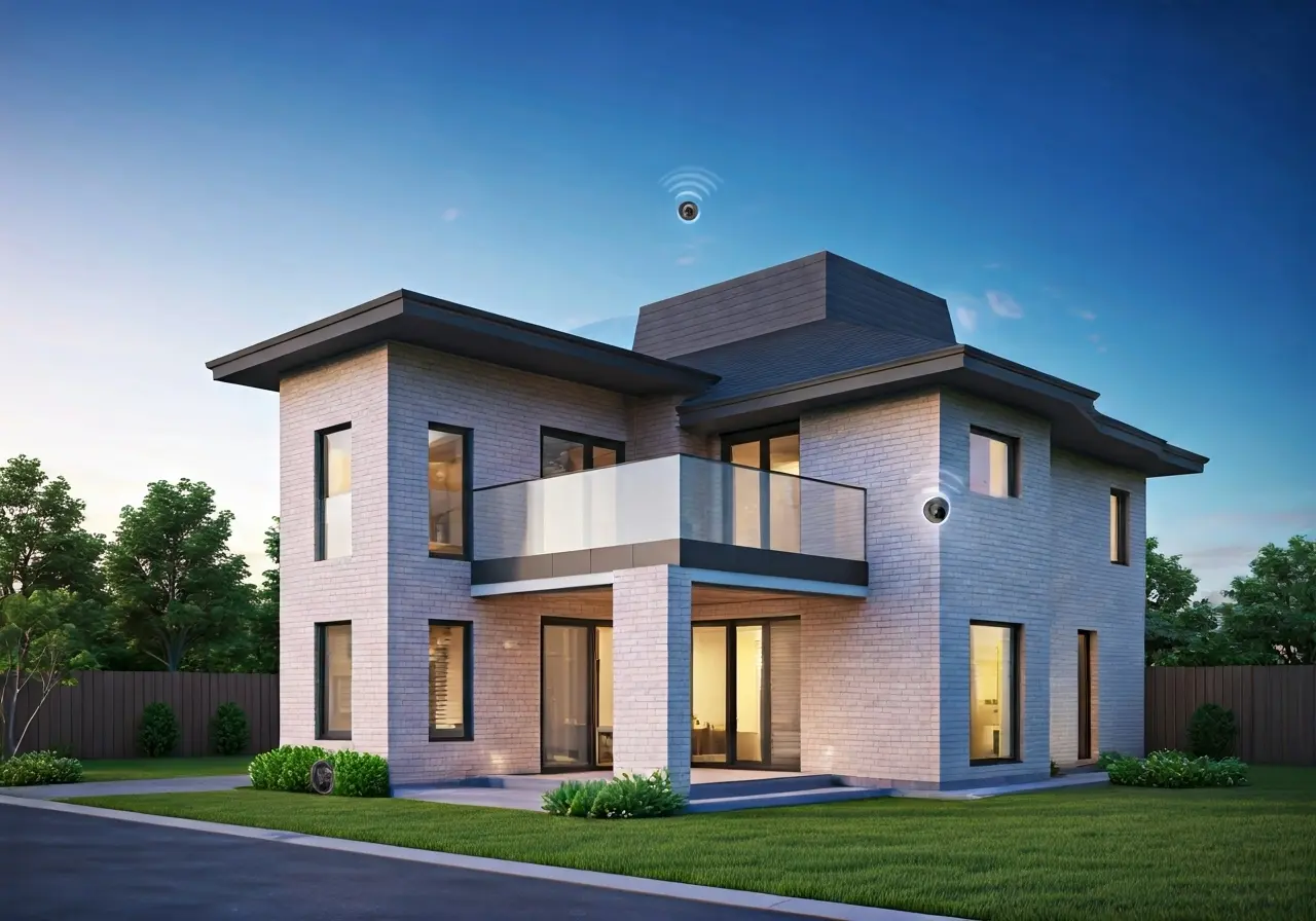 A modern smart home with security cameras and sensors. 35mm stock photo