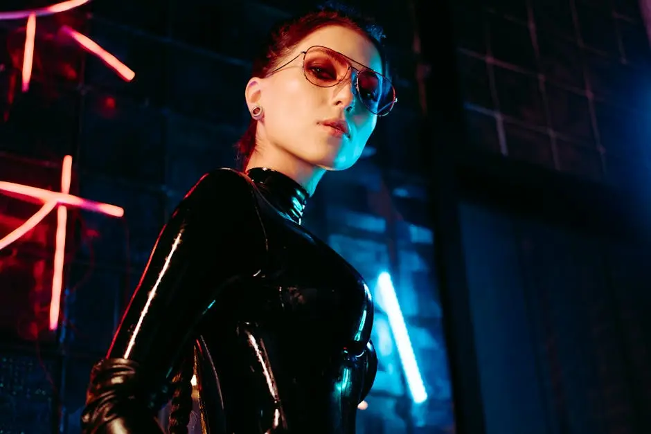 Woman in glossy leather outfit with sunglasses posing against neon-lit background at night.