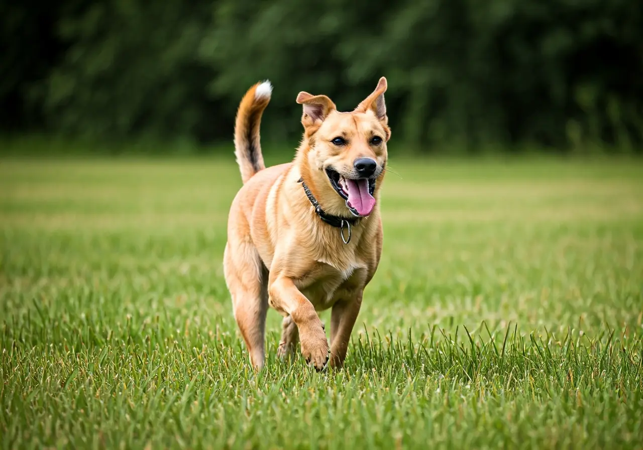 A happy dog following a command on a grassy field. 35mm stock photo