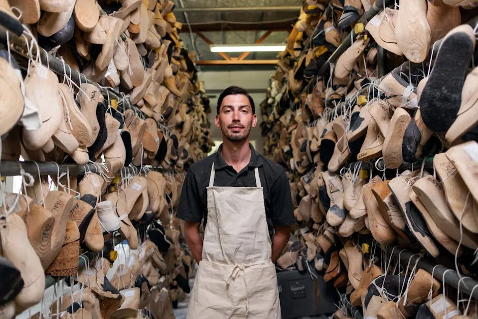 Orthotic technician standing amidst shoe molds in a workshop, showcasing craftsmanship.