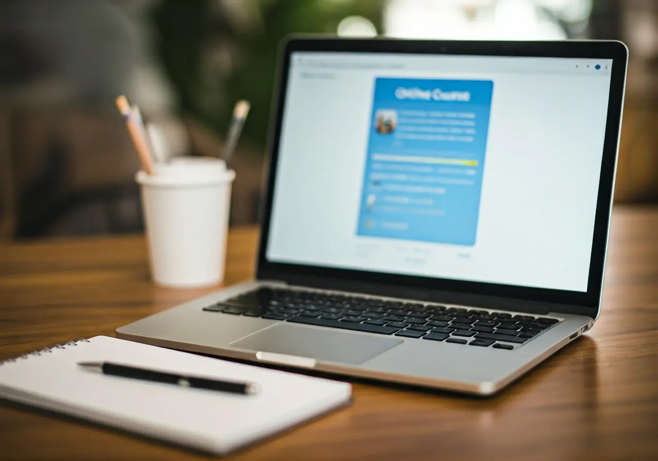A laptop displaying an online course beside a notebook. 35mm stock photo