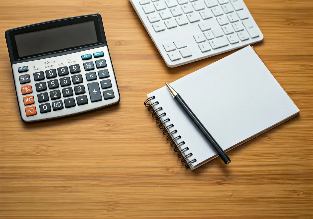 A calculator, keyboard, and notepad on a wooden desk. 35mm stock photo