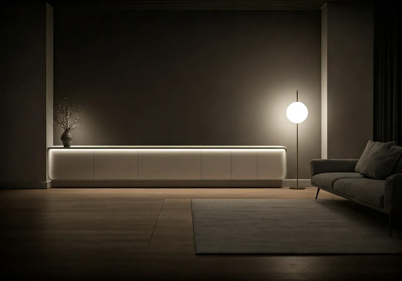 A sleek, modern living room with automated lighting features. 35mm stock photo