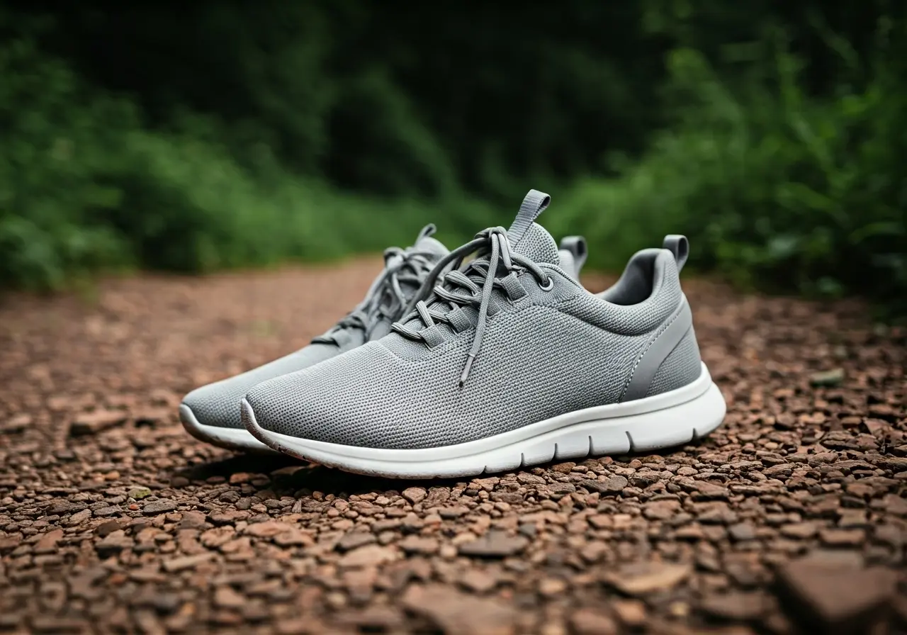 A pair of stylish sneakers on a rugged outdoor trail. 35mm stock photo