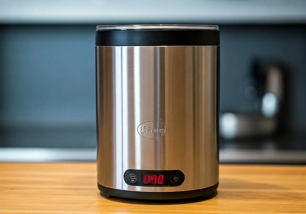 A sleek, modern milk warmer with digital temperature display. 35mm stock photo