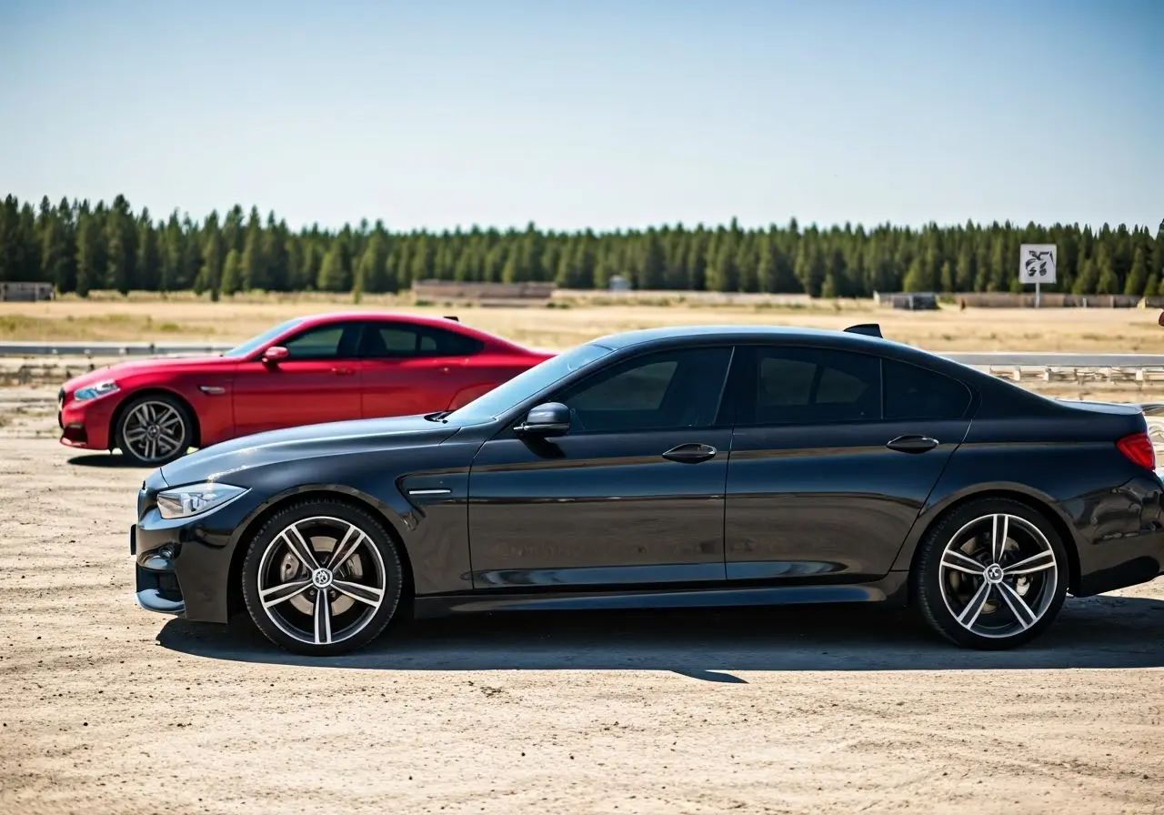 A car with varying window tint shades parked under sunlight. 35mm stock photo