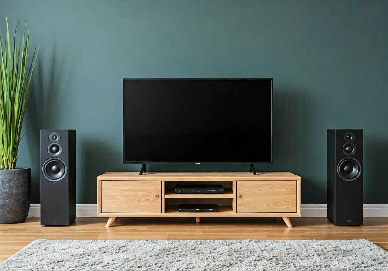 Modern living room with wireless speakers and a flat-screen TV. 35mm stock photo