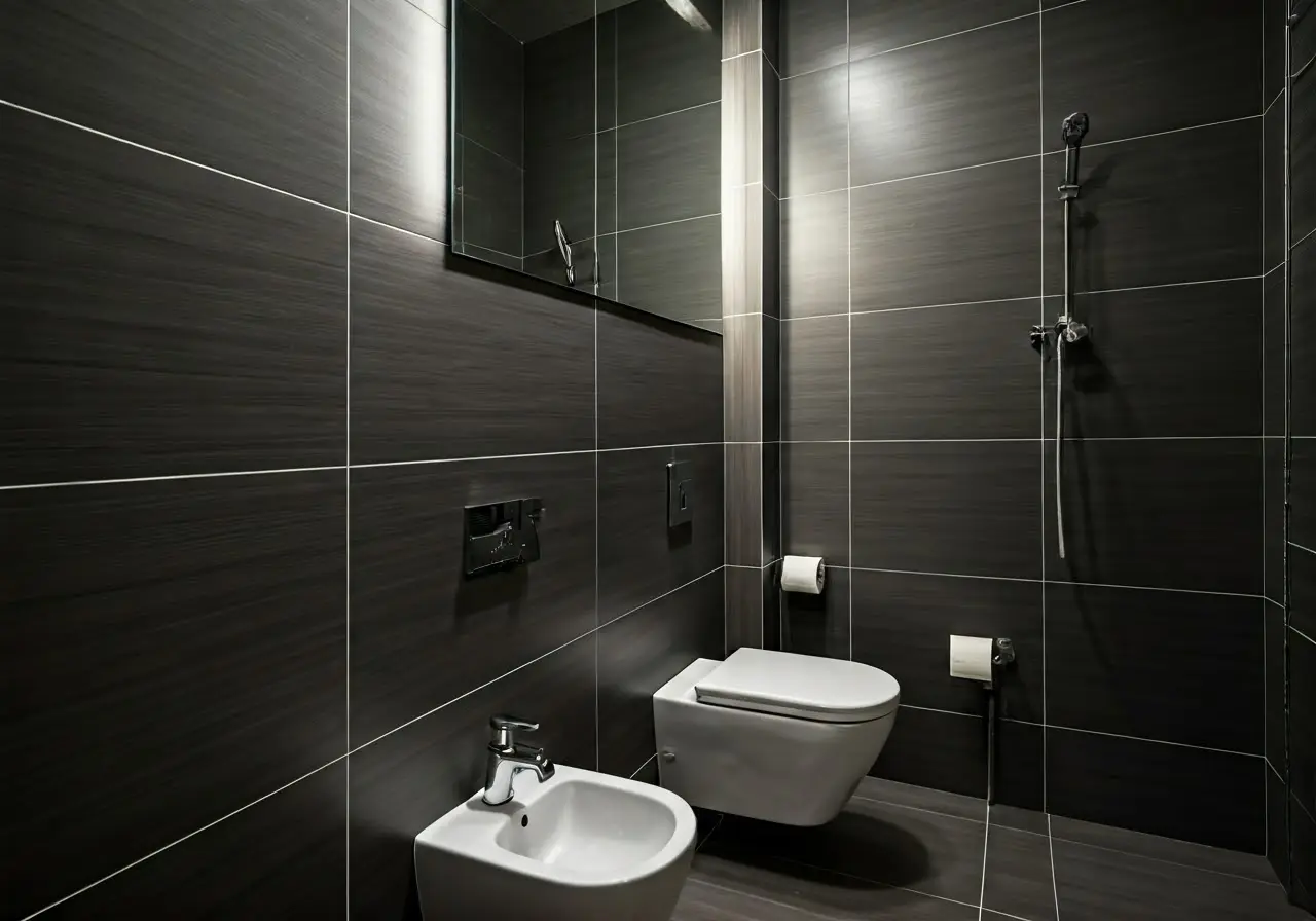 A modern bathroom with efficient plumbing fixtures in use. 35mm stock photo