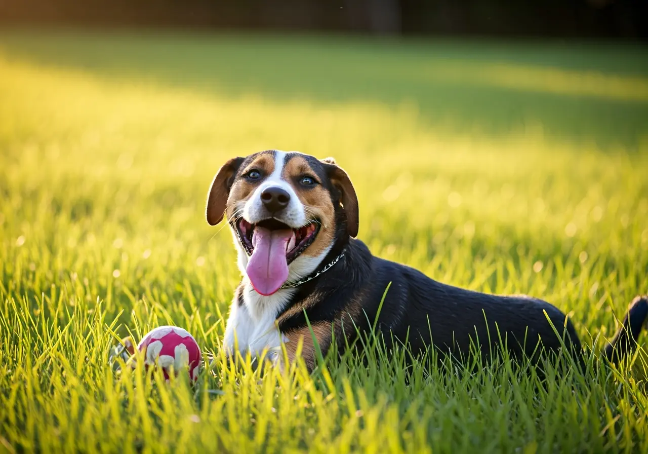 A happy dog playing with toys in a sunny park. 35mm stock photo