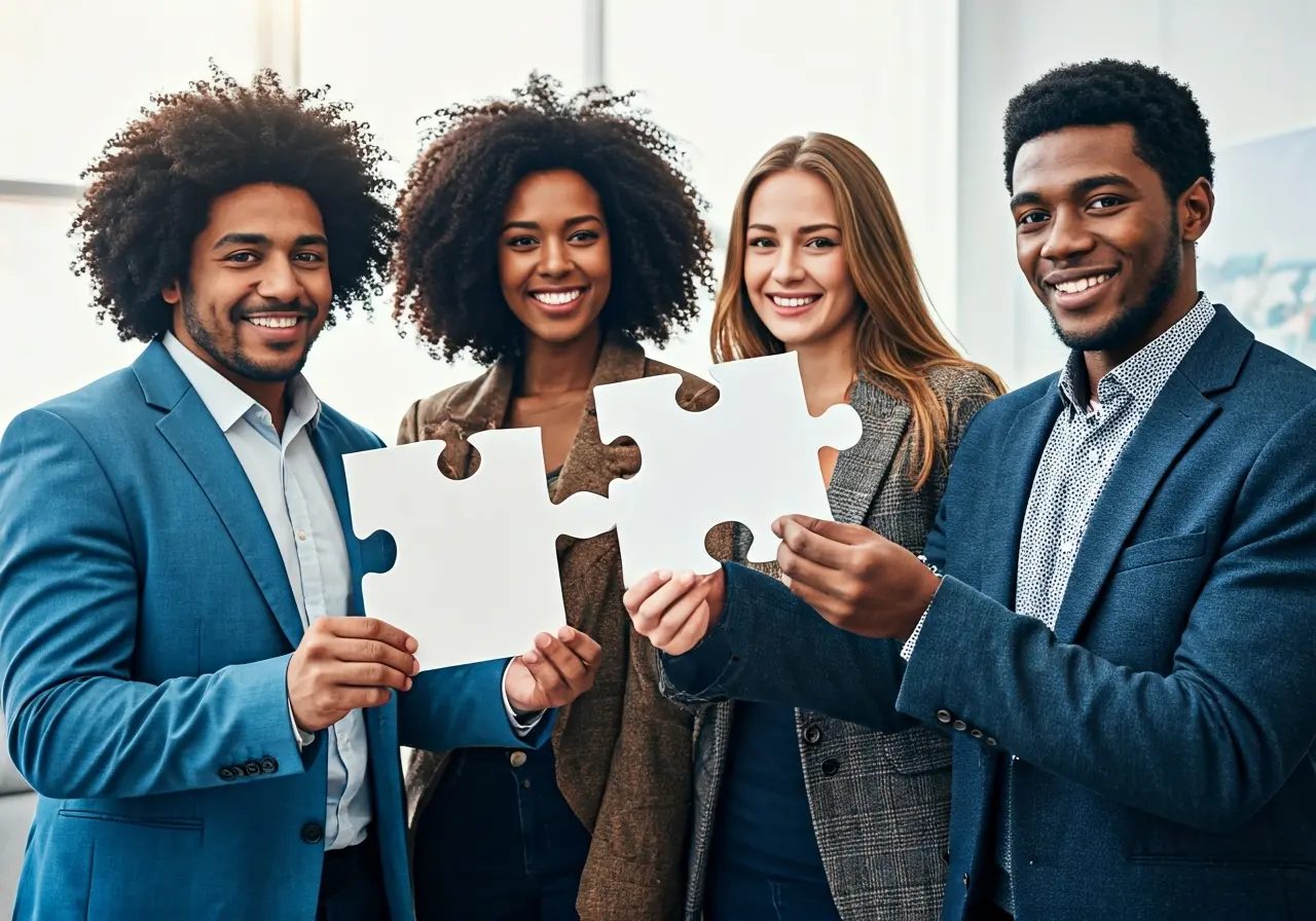 A diverse group holding puzzle pieces, forming a complete picture. 35mm stock photo