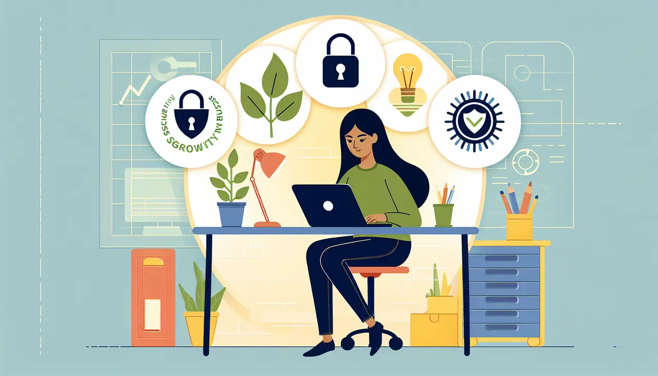 Draw a graphic in flat design style. A flat design illustration of a developer working on a laptop, surrounded by icons representing growth, security, efficiency, and innovation, with a startup office in the background.