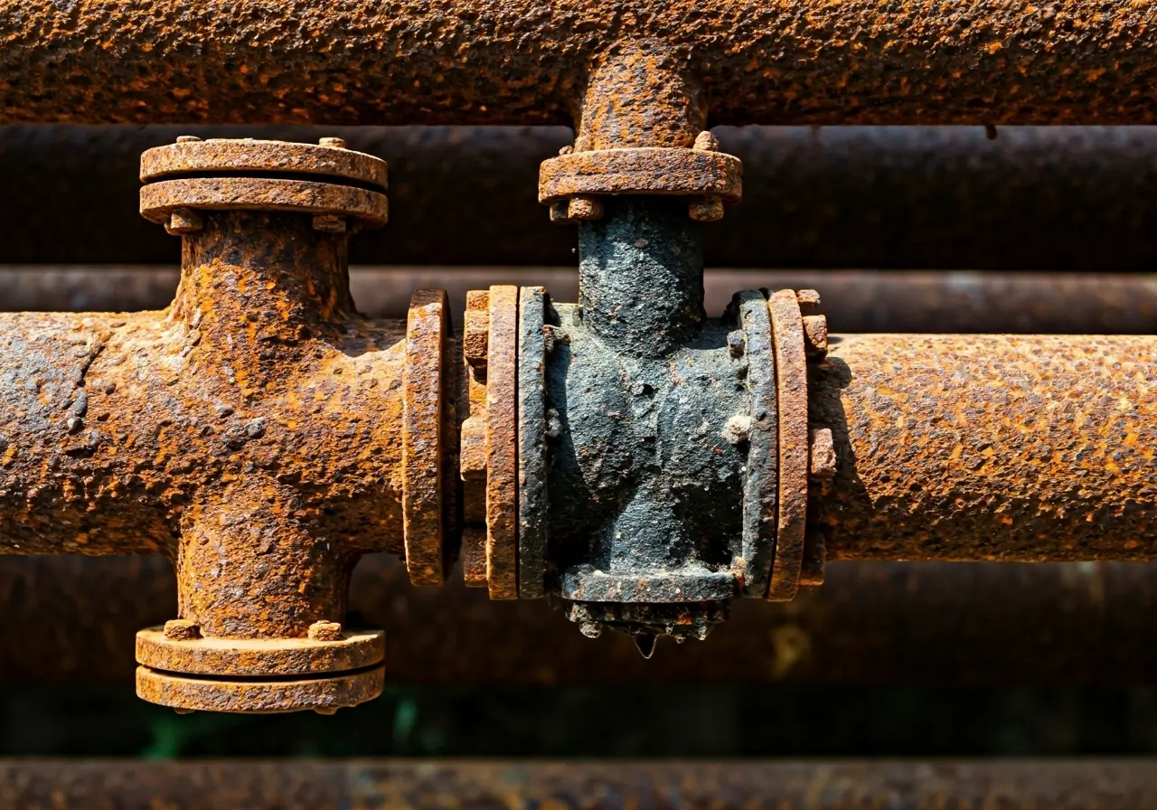 Old, rusted pipes with visible leaks and corrosion signs. 35mm stock photo