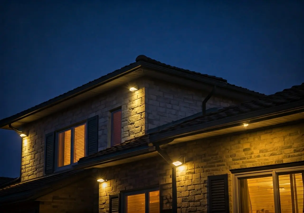 A well-lit home exterior with visible mounted security cameras. 35mm stock photo