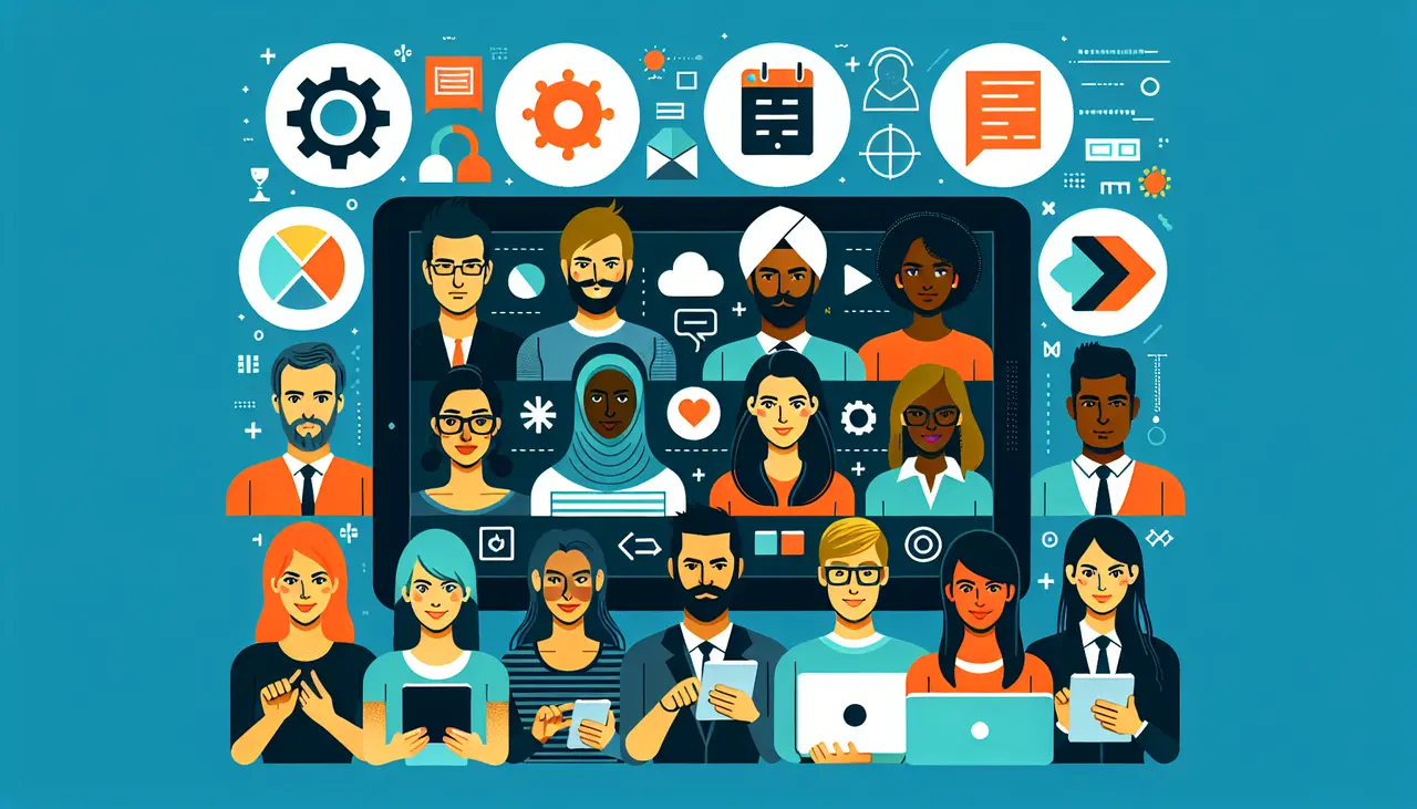 Draw a graphic in flat design style. A group of diverse professionals collaborating over a digital tablet, with icons representing app elements like settings, code, and design floating above them.