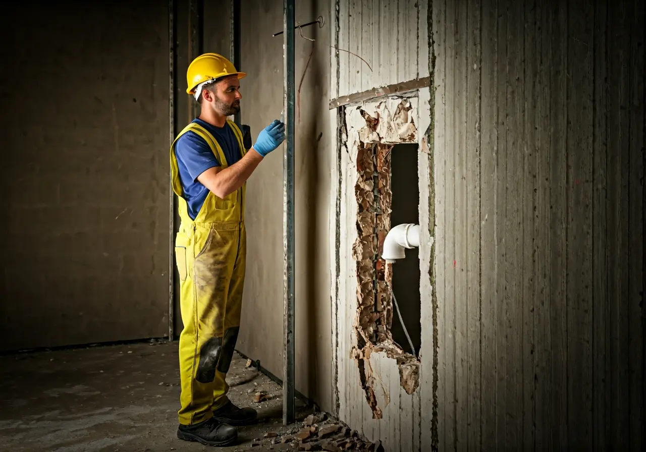 A construction worker assessing a damaged water pipe in a wall. 35mm stock photo