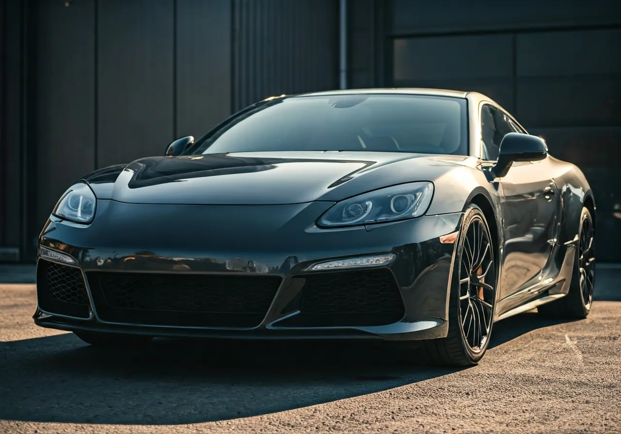 A sleek car reflecting sunlight after ceramic coating application. 35mm stock photo