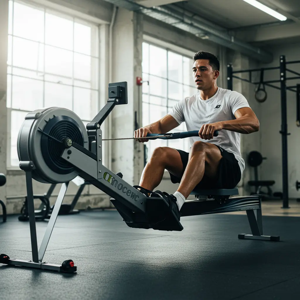 Athlete using a rowing machine in a gym.