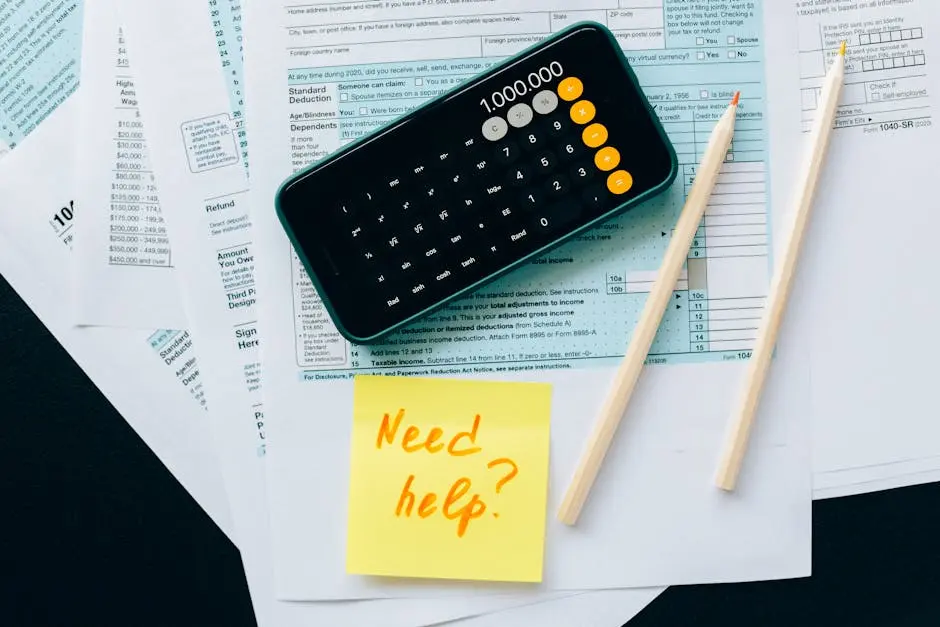 Top view of financial papers with a calculator, pencils, and a note saying &lsquo;Need help?&rsquo; indicating tax or accounting assistance.