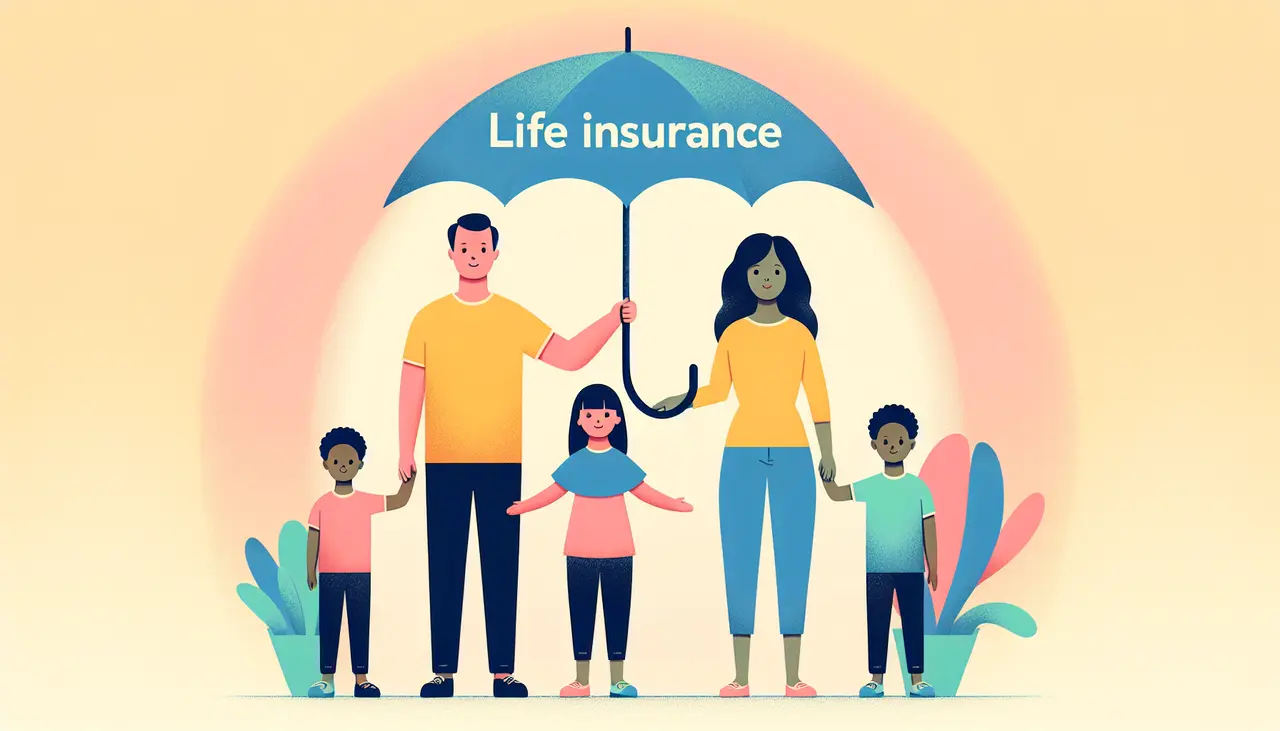 Draw a graphic in flat design style. A flat design style image of a diverse family holding an umbrella labeled Life Insurance over their heads, set against a soft pastel background.